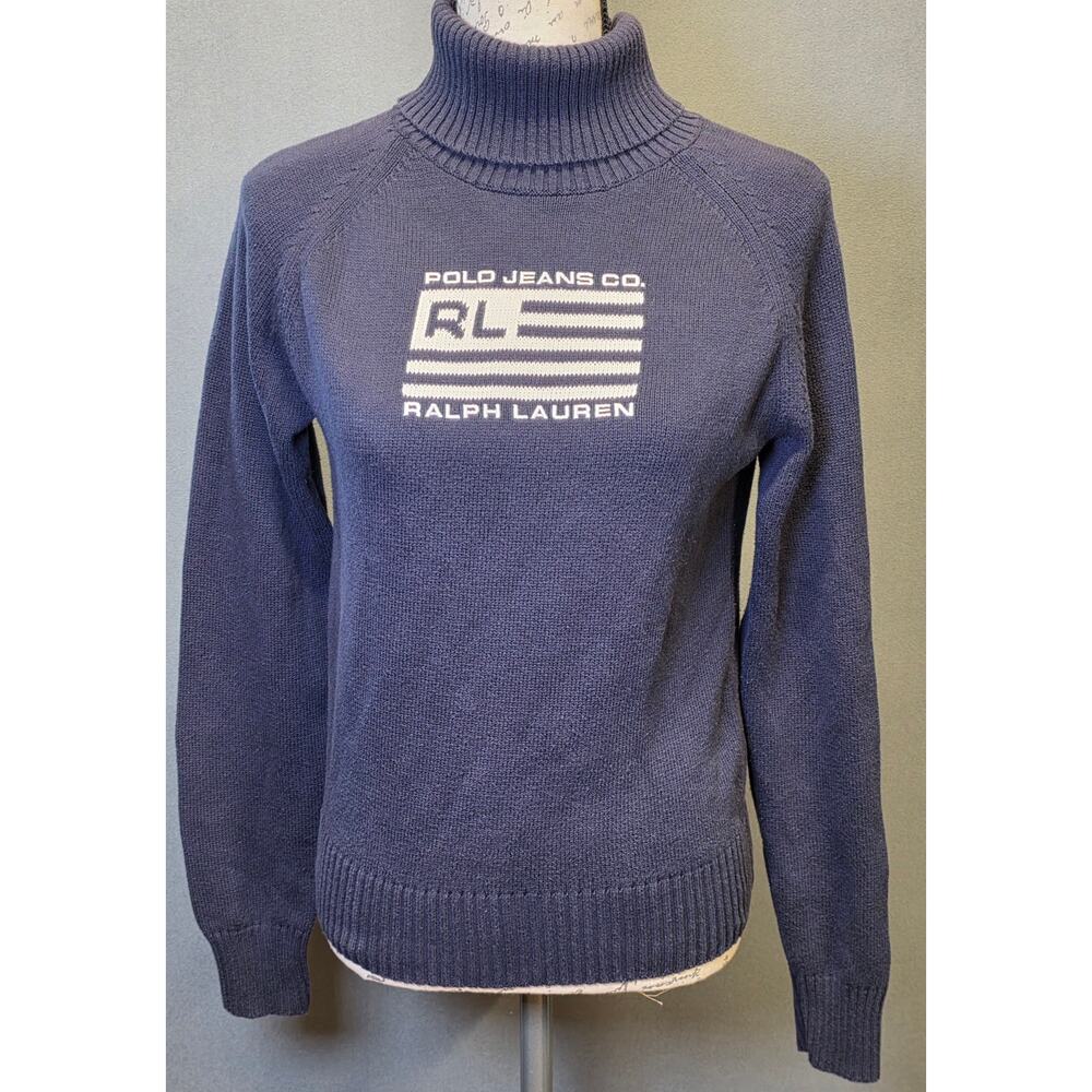 Vtg RALPH LAUREN Polo Jeans Co. Women’s American Flag Sweater Sz L Blue